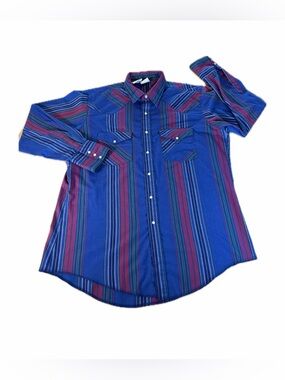 Western Frontier Shirt Mens Large Blue Striped Long Sleeve Pearl Snap Cowboy